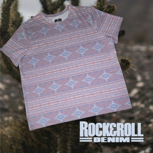 Rock & Roll Denim Men's Short Sleeve T-Shirt Aztec All Over Print Blue & Red XXL - Picture 1 of 9